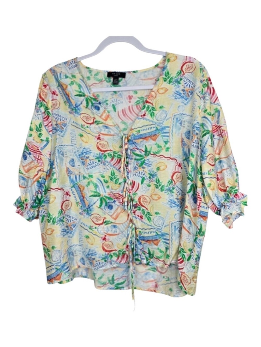 Haver London Tropical Print Blouse Size XL Short Sleeve Art To Wear Lightweight